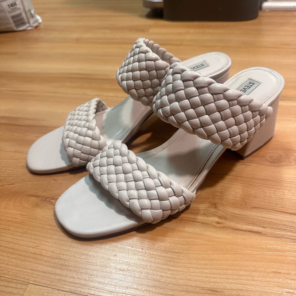 Steve Madden Braided Double-Strap Block Heel Slides in Cream